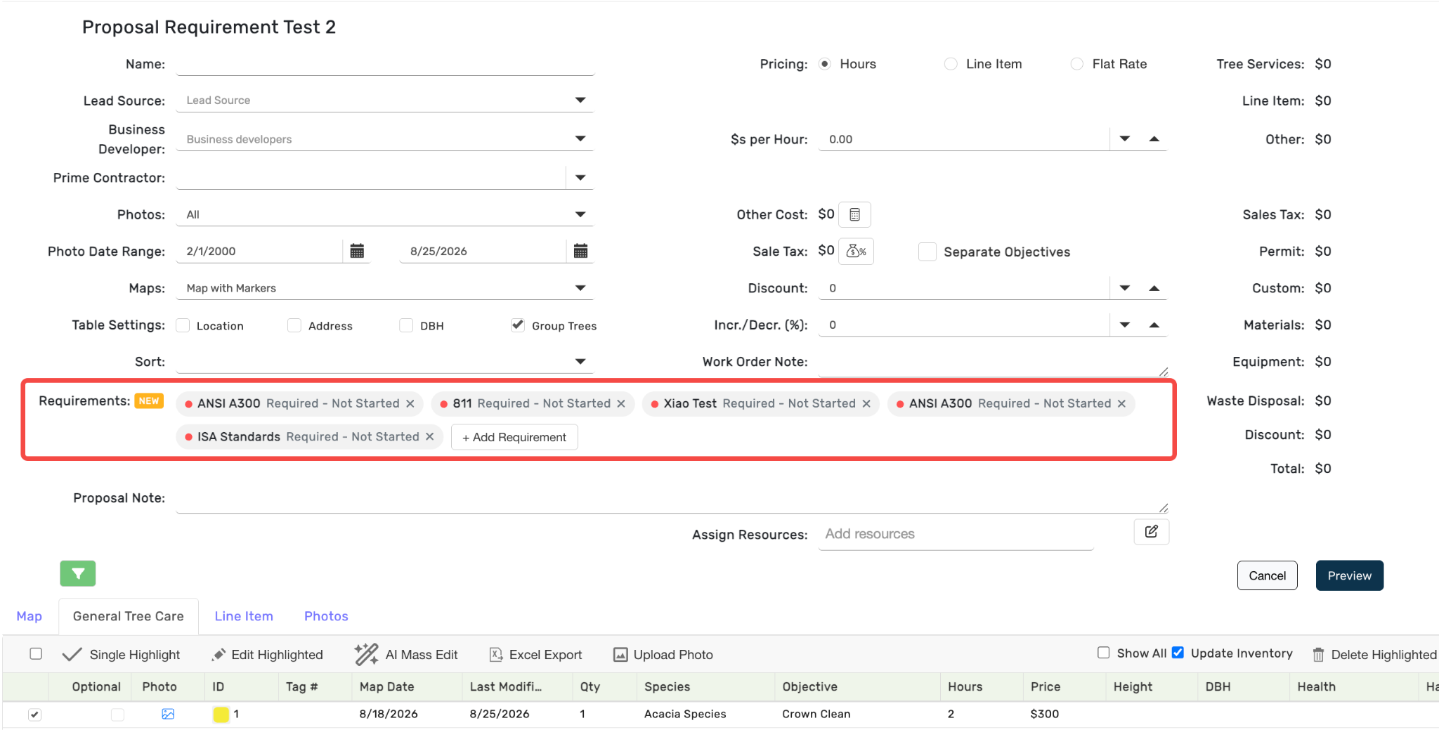 Proposal creation page, Requirements section